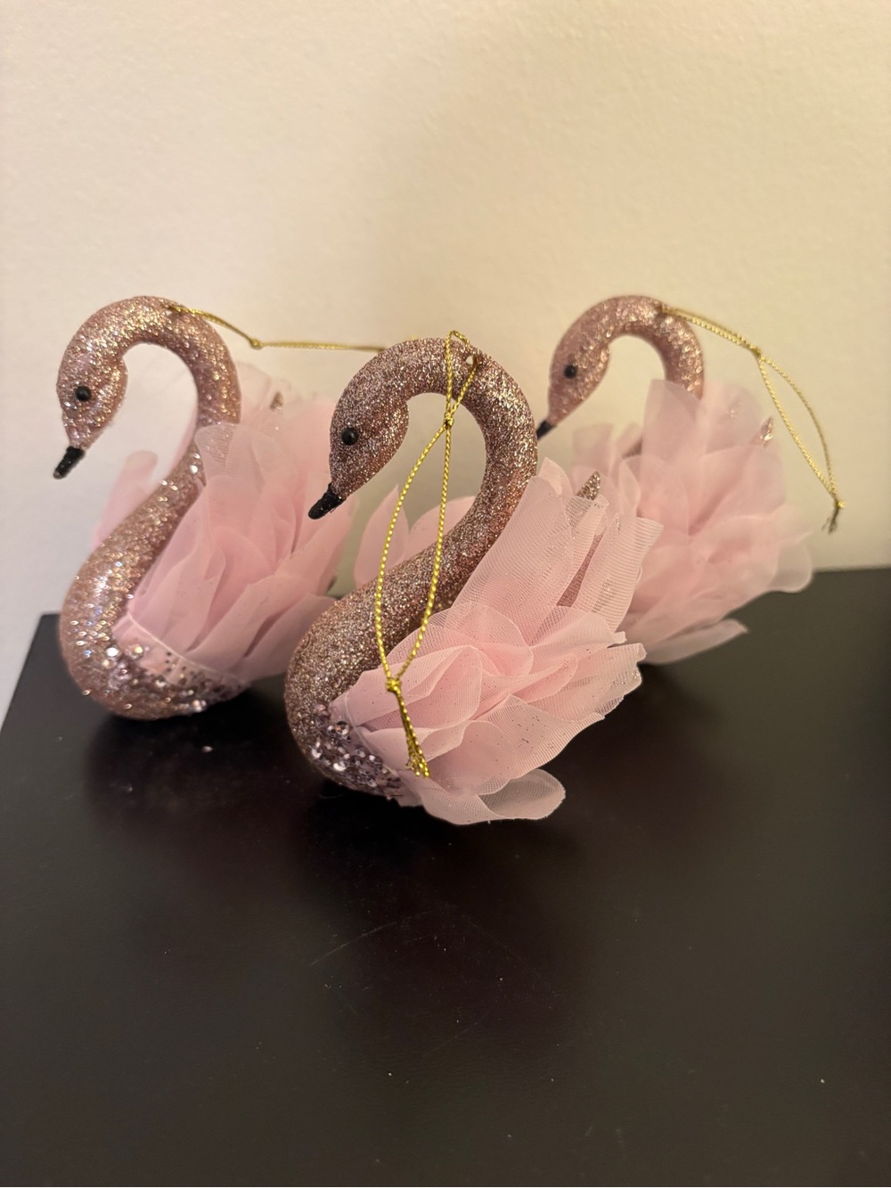 Pink Christmas Glitter Swan Ornaments of 3 with Tulle Wings